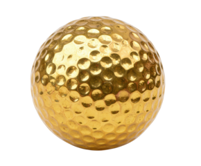 Golden golf ball for sport and decorative purposes on a transparent background, cut out