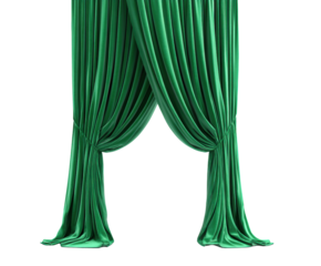 Elegant green curtains for stage design or home decor use on a transparent background, cut out