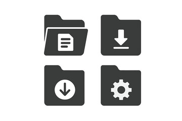 Fototapeta premium Four modern, minimalist dark grey folder icons featuring distinct symbols for file management and user interface elements, presented on a clean, solid grey background.