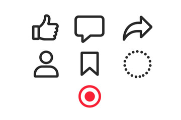 Modern Outlined Social Media UI Icons: Like, Comment, Share, Profile, Bookmark, Loading Spinner on Dark Background with Glowing Red Button.