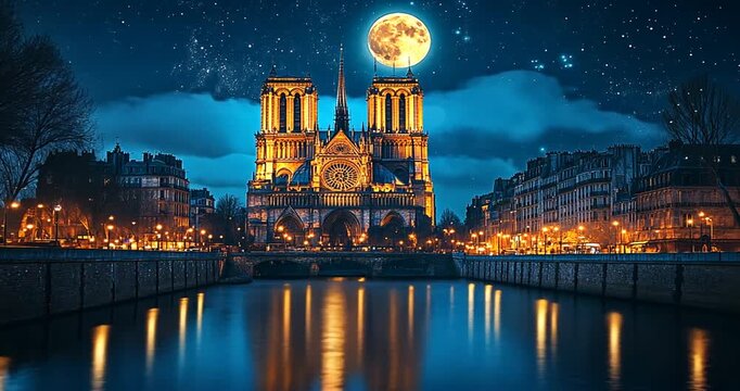 Notre Dame Cathedral at Night with Full Moon