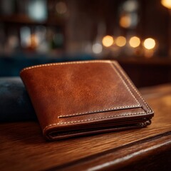 A brown leather wallet, a classic accessory for men, showcasing its texture and stitching on a wooden surface with blurred background lighting