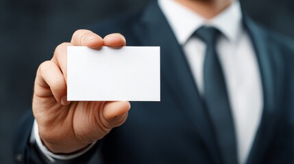 Business Professional Holding Blank White Business Card in Formal Suit on Dark Background