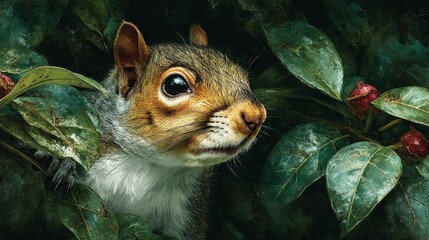 A detailed closeup of a cute squirrel peeking through lush green leaves and red berries in a natural woodland setting