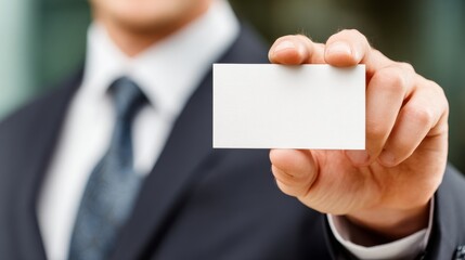 Obraz premium Businessman Displaying Blank Card Close-Up for Branding, Presentation, and Professional Communication