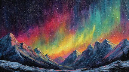 Vibrant Aurora Borealis Painting: Colorful Night Sky over Majestic Mountains