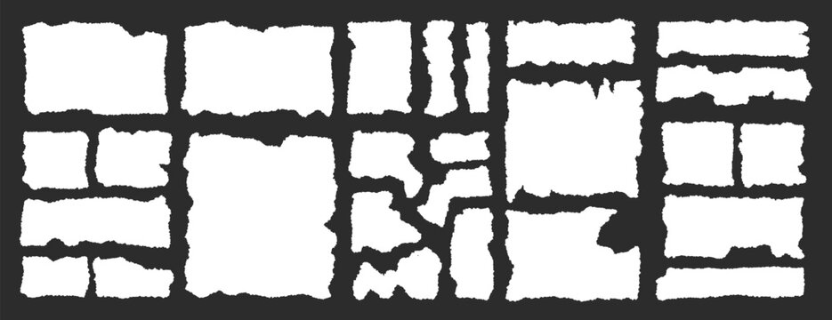 Torn paper pieces frame set. Torn paper with jagged edges. Ripped rectangular shape silhouette collection. Textured grunge elements collage, text box, poster, banner