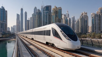 Naklejka premium A high-speed train in a white color is passing through the citywith skyscrapers reflecting on the water behind it