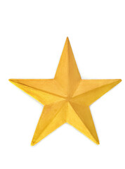 A gold star on a white background. Handcraft ornament of a gold glitter painted star made from Styrofoam. Handmade gold glitter painted star for decoration.