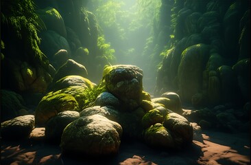Mystical Sunken Forest with Mossy Rocks and Ethereal Underwater Light
