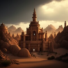 Mystical Ancient Sandstone Temple in Desert Sunset Light
