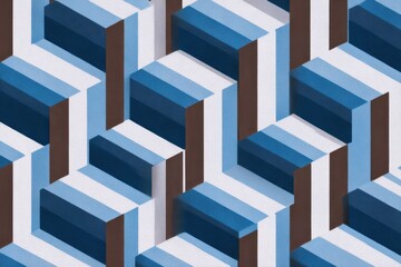 Abstract background with a 3D isometric pattern of blue and brown striped geometric blocks and shapes.