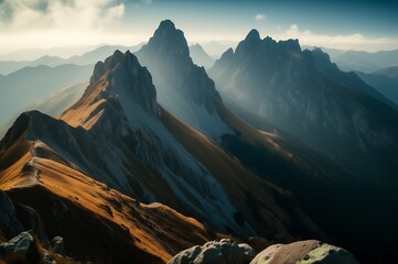 Golden Sunrise Over Rugged Mountain Peaks