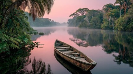 A lone wooden canoe rests on a calm river surrounded by lush green forest during a serene pink sunrise