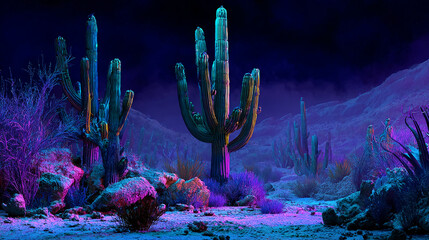 Neon Desert: Psychedelic Cactus Landscape for Your Designs