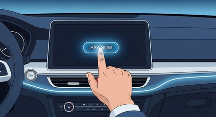 Hand Pressing Pay Now Button on Car Dashboard Touchscreen in Modern Vehicle