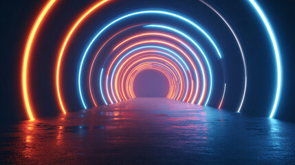 Fototapeta premium Neon Circle Tunnel: Abstract Background with Glowing Lights