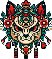 Vector illustration design image sketch icon logo symbol cat head with details accessories decoration ethnic classic vintage traditional abstract modern