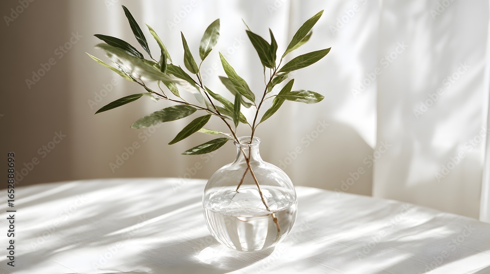 Poster a delicate branch of greenery in a clear glass vase sits on a white table, bathed in soft sunlight f