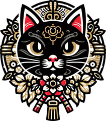 Vector illustration design image sketch icon logo symbol cat head with details accessories decoration ethnic classic vintage traditional abstract modern