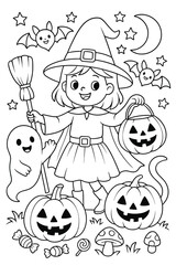 Fototapeta premium Girl and pumpkins - Halloween coloring page