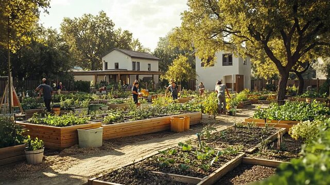 Community garden with raised beds and people working