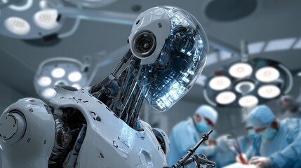Futuristic surgical robot performing an operation in a high-tech operating room, ultra-realistic