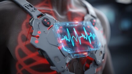 A futuristic wearable ECG device with a holographic display floating over the patient's chest.