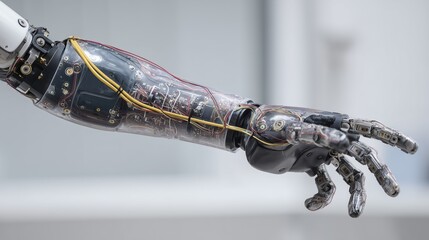 High-tech prosthetic arms with flexible joints and sensors, as realistic as a photo.
