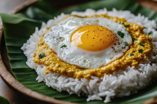 Fried egg atop turmeric rice