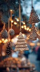 Handmade Wooden Ornaments and Pine Cones Hanging in Festive Holiday Market