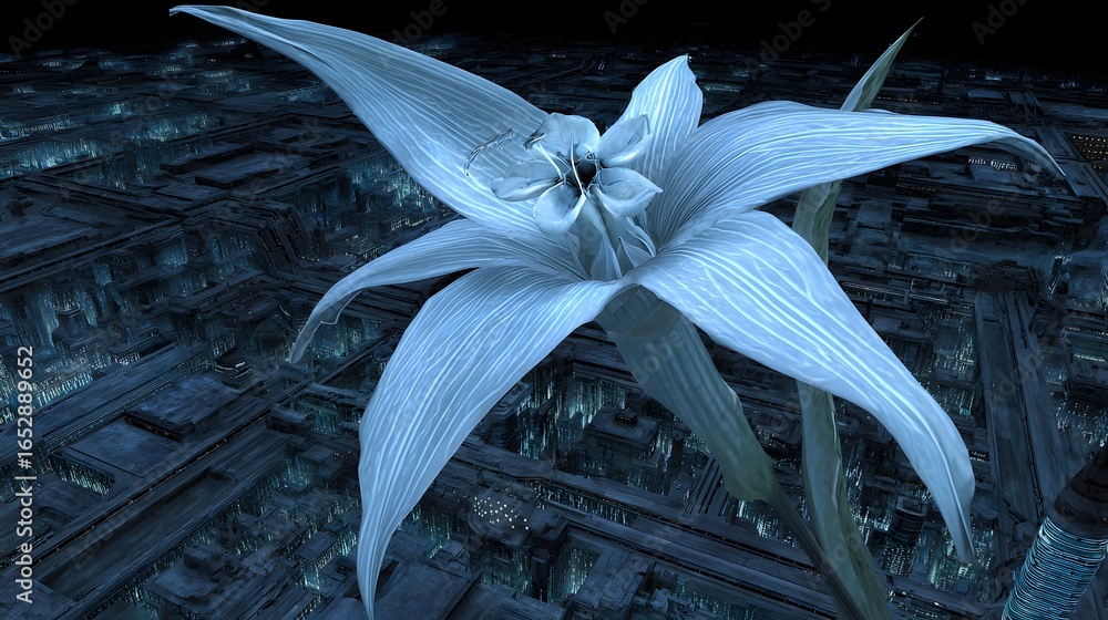Poster a luminous lily floats amidst a network of intricate, dark structures, its delicate form contrasting
