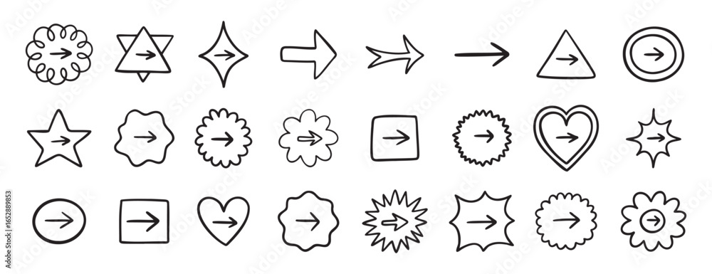 Poster cute arrow in frame set for bullet journal doodle hand drawn icon set. diary note arrow elements in 