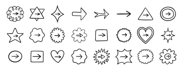 Cute arrow in frame set for bullet journal doodle hand drawn icon set. Diary note arrow elements in the shape of flower, star, heart, circle.