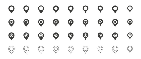 Set of pins icon, Collection of diverse location icon, Sign and symbol, Black mapping pin, Design elements. Vector illustration