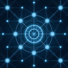 Interconnected Nodes with Central Circular Pattern on Dark Background
