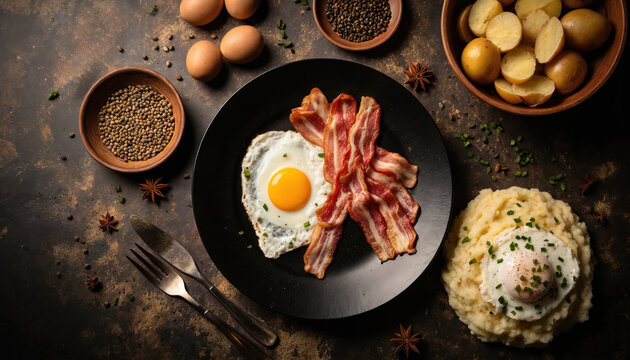 Delicious breakfast meal with fried eggs, crispy bacon, mashed potatoes. Served on rustic dark table with ingredients like whole potatoes, spices, eggs scattered around. Hearty, satisfying start to - Powered by Adobe