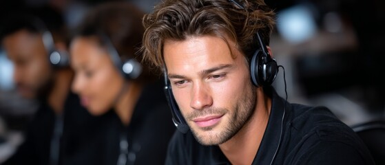 Customer service representative helps business solve problems in call center environment phone communication