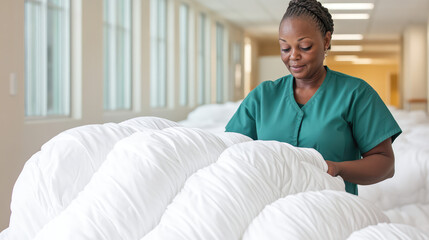 A person in a green uniform is handling folded white linens indoors. Hospitality and cleanliness