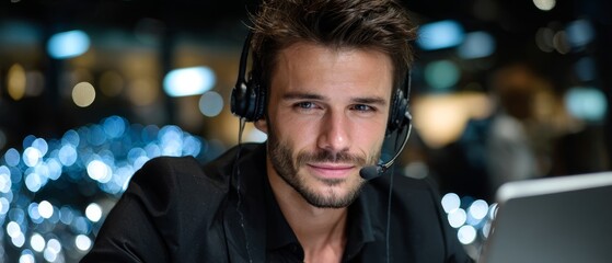 Customer service solutions male support executive in call center business environment phone support for customer help