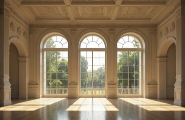 Fototapeta premium Sunlit grand hall features arched windows overlooking garden. Interior design boasts elegant architecture with ornate ceiling details. Polished wood floor reflects soft light creating peaceful,