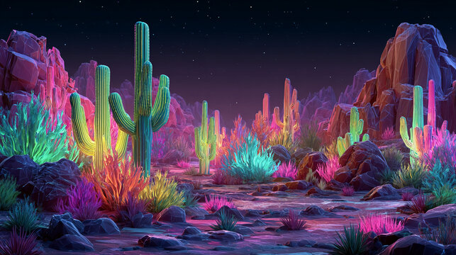 Neon Desert Landscape: Vibrant Cactus & Rock Formation Artwork