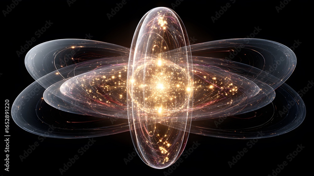 Poster abstract glowing sphere encased in light patterns, radiating energy and complex geometry on a stark 