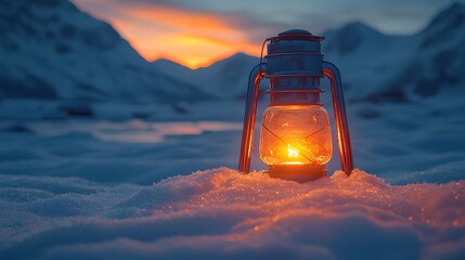 Glowing lantern in a snowy mountain landscape