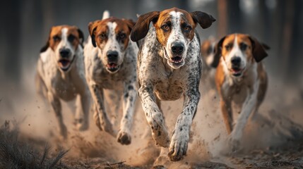 Group of Running Dogs in Dusty Forest Setting During Daylight