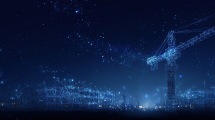 Futuristic Digital City Skyline with Glowing Network Crane, Representing Advanced Urban Infrastructure and Technological Connectivity