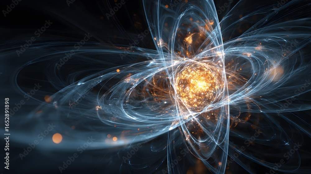 Poster abstract rendering of a shining core with flowing trails suggesting energy, technology, and atomic s