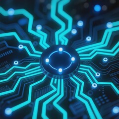 Glowing Circuit Board with Central Hub and Radiating Connections