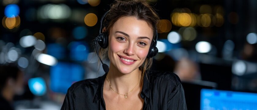 Customer service excellence young female call center supervisor helps solve problems business phone environment