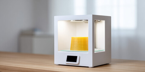 A white 3D printer is on a wooden table with a yellow object being printed inside. Technology and innovation in manufacturing